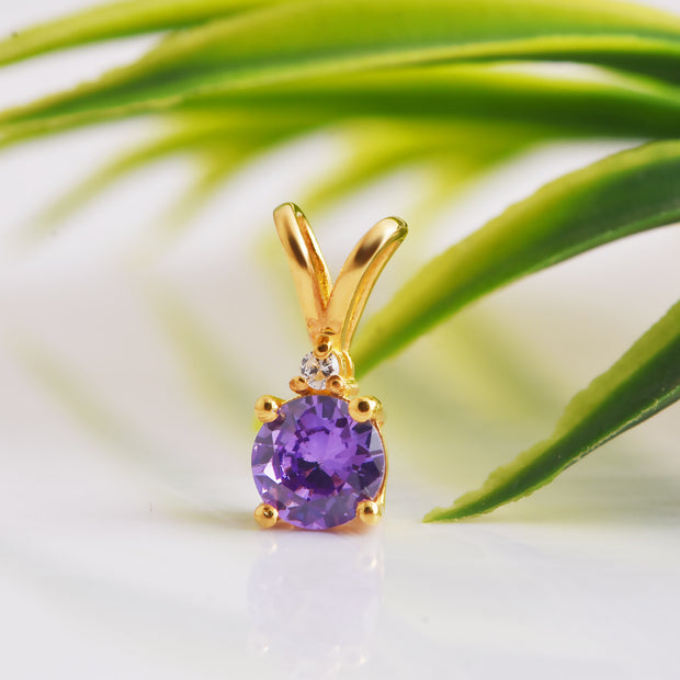 Amethyst Gemstone & Diamond Solid 14k Yellow Gold Pendant