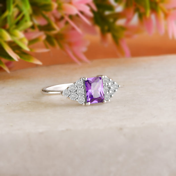 Amethyst Gemstone & Diamond Solid 14k White Gold Ring