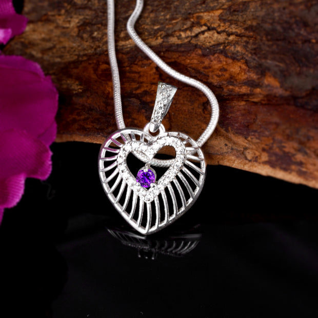 Amethyst Gemstone & Diamond Solid 14k White Gold Heart Pendant