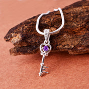 Amethyst Gemstone & Diamond Solid 14k White Gold Key Pendant