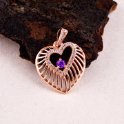 Amethyst Gemstone & Diamond Solid 14k Rose Gold Heart Pendant