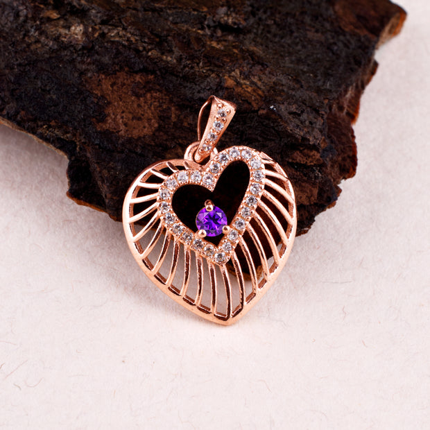 Amethyst Gemstone & Diamond Solid 14k Rose Gold Heart Pendant