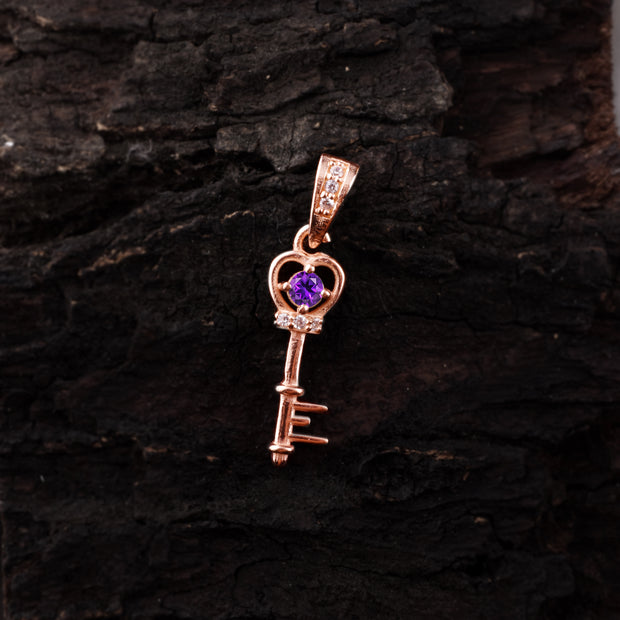 Amethyst Gemstone & Diamond Solid 14k Rose Gold Key Pendant
