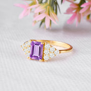 Amethyst Gemstone & Diamond Solid 14k Yellow Gold Ring