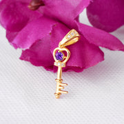 Amethyst Gemstone & Diamond Solid 14k Yellow Gold Key Pendant