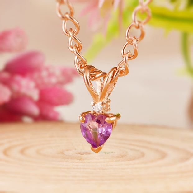 Amethyst Gemstone & Diamond Solid 14k Rose Gold Pendant