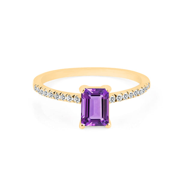 Amethyst & Diamond Gemstone Solid 14k Yellow Gold Ring