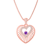 Amethyst Gemstone & Diamond Solid 14k Rose Gold Heart Pendant