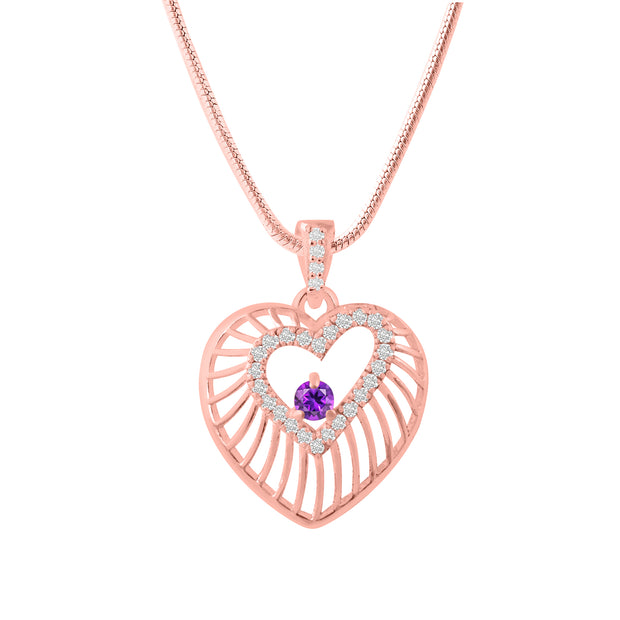 Amethyst Gemstone & Diamond Solid 14k Rose Gold Heart Pendant