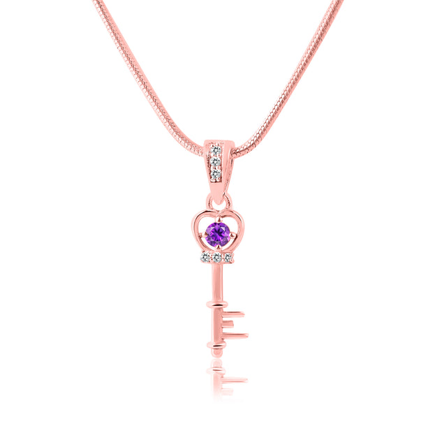 Amethyst Gemstone & Diamond Solid 14k Rose Gold Key Pendant