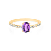 Amethyst Gemstone & Diamond Solid 14k Yellow Gold Ring