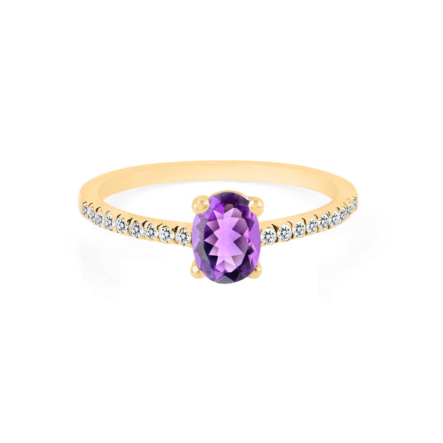 Amethyst Gemstone & Diamond Solid 14k Yellow Gold Ring