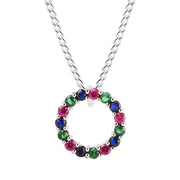 Multi Gemstone Solid 14k White Gold Round Ring Pendant