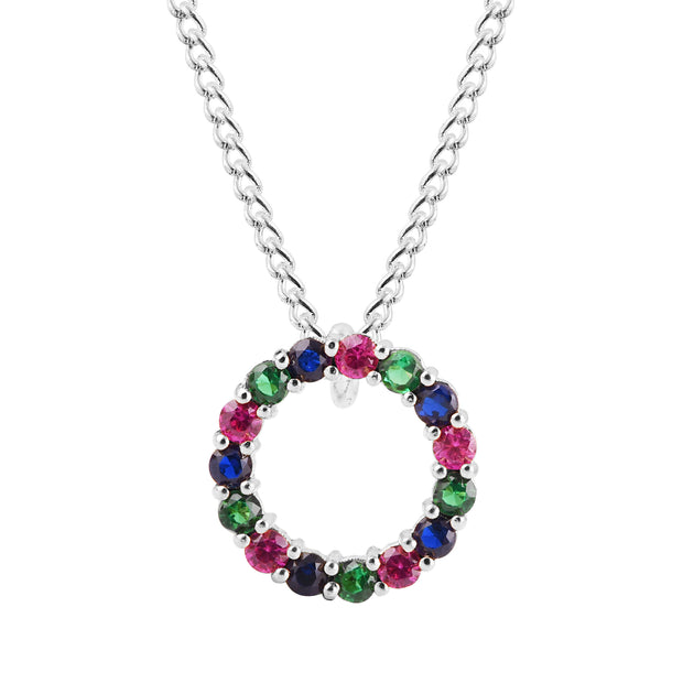 Multi Gemstone Solid 14k White Gold Round Ring Pendant