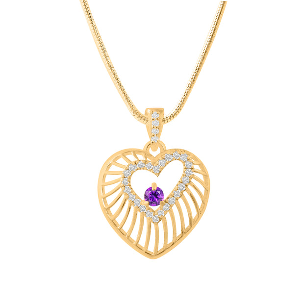 Amethyst Gemstone & Diamond Solid 14k Yellow Gold Heart Pendant