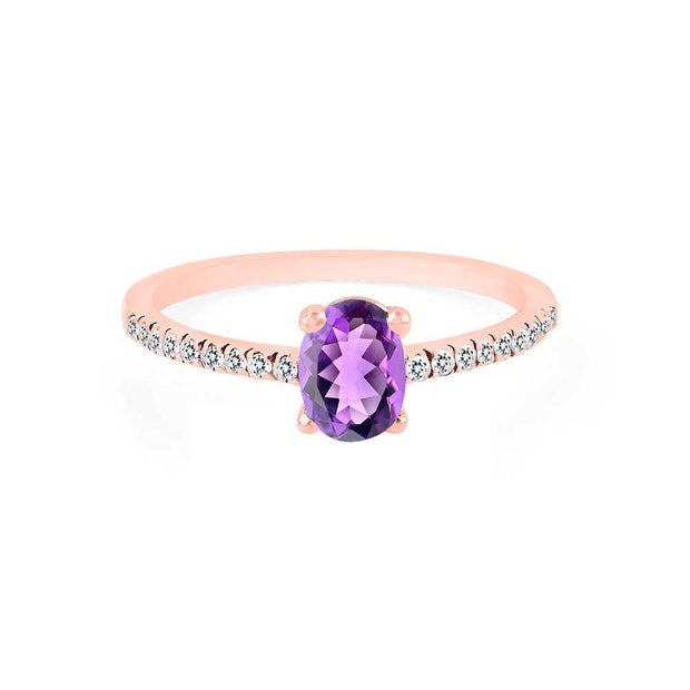 Amethyst Gemstone & Diamond Solid 14k Rose Gold Ring