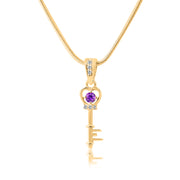 Amethyst Gemstone & Diamond Solid 14k Yellow Gold Key Pendant