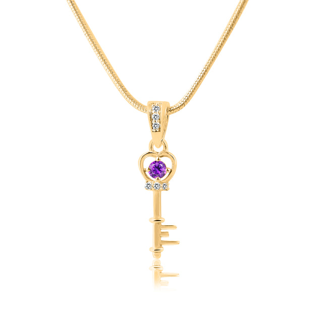 Amethyst Gemstone & Diamond Solid 14k Yellow Gold Key Pendant