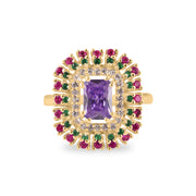 Multi Gemstone & Diamond Solid 14k Yellow Gold Ring