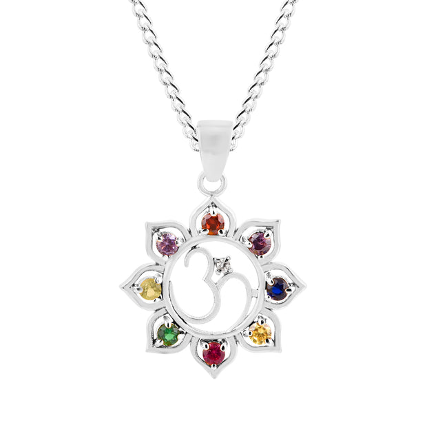 Multi Gemstone Solid 925 Sterling Silver OM Pendant