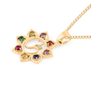 Multi Gemstone Solid 14k Yellow Gold OM Pendant