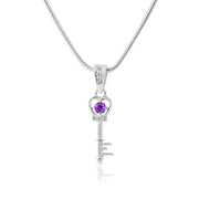 Amethyst Gemstone & Diamond Solid 14k White Gold Key Pendant