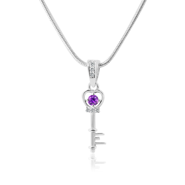 Amethyst Gemstone & Diamond Solid 14k White Gold Key Pendant