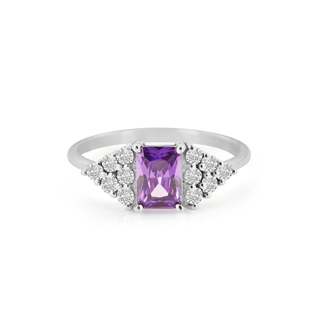 Amethyst Gemstone & Diamond Solid 14k White Gold Ring