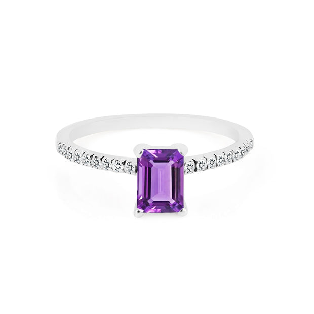 Amethyst & Diamond Gemstone Solid 14k White Gold Ring