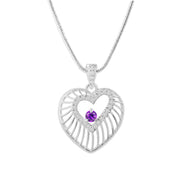 Amethyst Gemstone & Diamond Solid 14k White Gold Heart Pendant