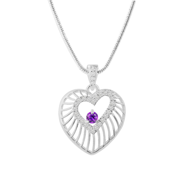 Amethyst Gemstone & Diamond Solid 14k White Gold Heart Pendant