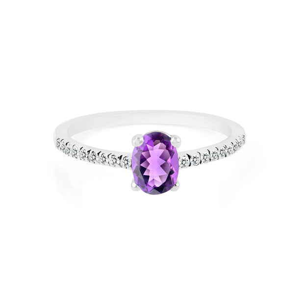 Amethyst Gemstone & Diamond Solid 14k White Gold Ring
