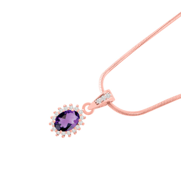 Amethyst Gemstone & Diamond Solid 14k Rose Gold Pendant