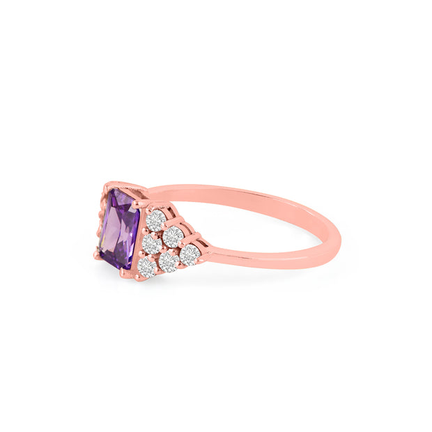 Amethyst Gemstone & Diamond Solid 14k Rose Gold Ring
