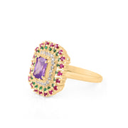 Multi Gemstone & Diamond Solid 14k Yellow Gold Ring
