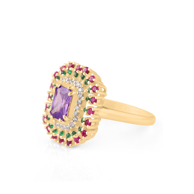 Multi Gemstone & Diamond Solid 14k Yellow Gold Ring