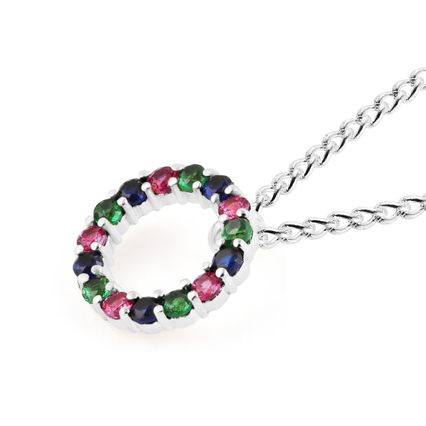 Multi Gemstone Solid 14k White Gold Round Ring Pendant