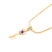 Amethyst Gemstone & Diamond Solid 14k Yellow Gold Key Pendant
