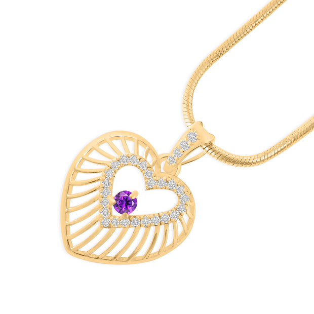 Amethyst Gemstone & Diamond Solid 14k Yellow Gold Heart Pendant