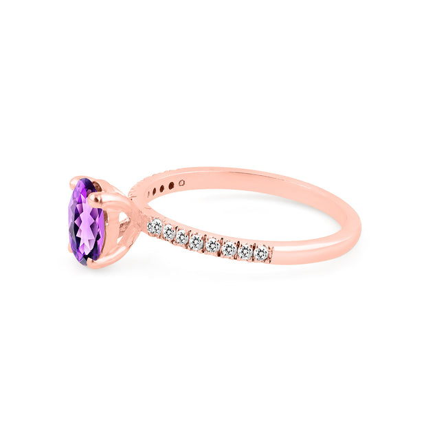 Amethyst Gemstone & Diamond Solid 14k Rose Gold Ring