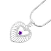 Amethyst Gemstone & Diamond Solid 14k White Gold Heart Pendant
