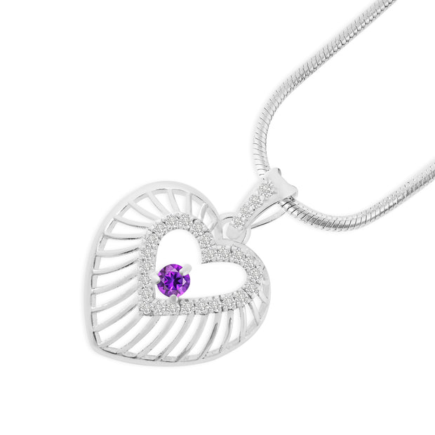 Amethyst Gemstone & Diamond Solid 14k White Gold Heart Pendant