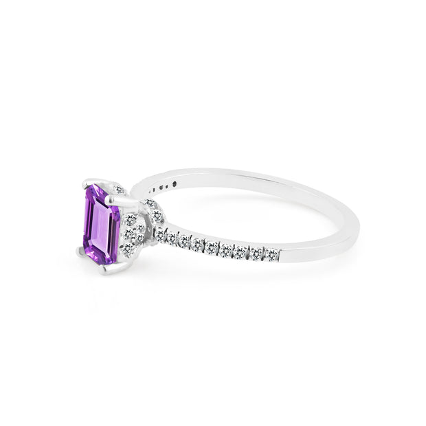 Amethyst & Diamond Gemstone Solid 14k White Gold Ring