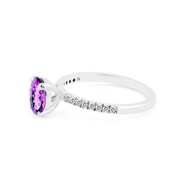 Amethyst Gemstone & Diamond Solid 14k White Gold Ring