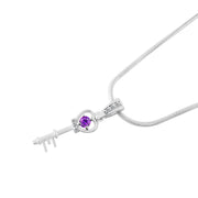 Amethyst Gemstone & Diamond Solid 14k White Gold Key Pendant
