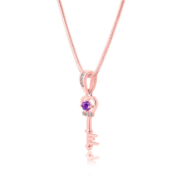 Amethyst Gemstone & Diamond Solid 14k Rose Gold Key Pendant