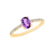 Amethyst Gemstone & Diamond Solid 14k Yellow Gold Ring