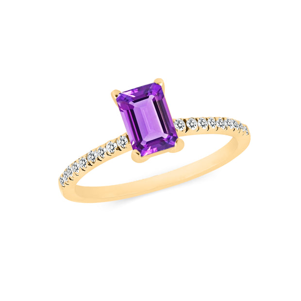Amethyst & Diamond Gemstone Solid 14k Yellow Gold Ring