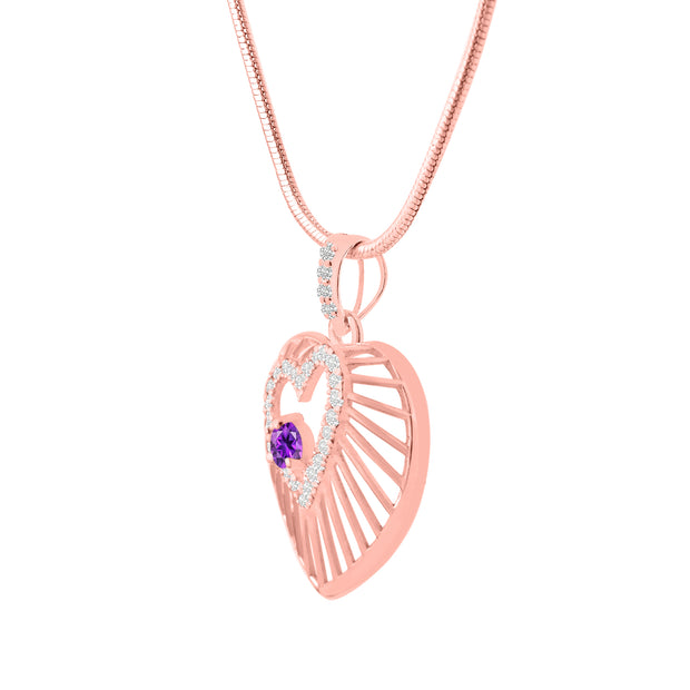 Amethyst Gemstone & Diamond Solid 14k Rose Gold Heart Pendant