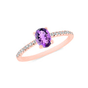 Amethyst Gemstone & Diamond Solid 14k Rose Gold Ring